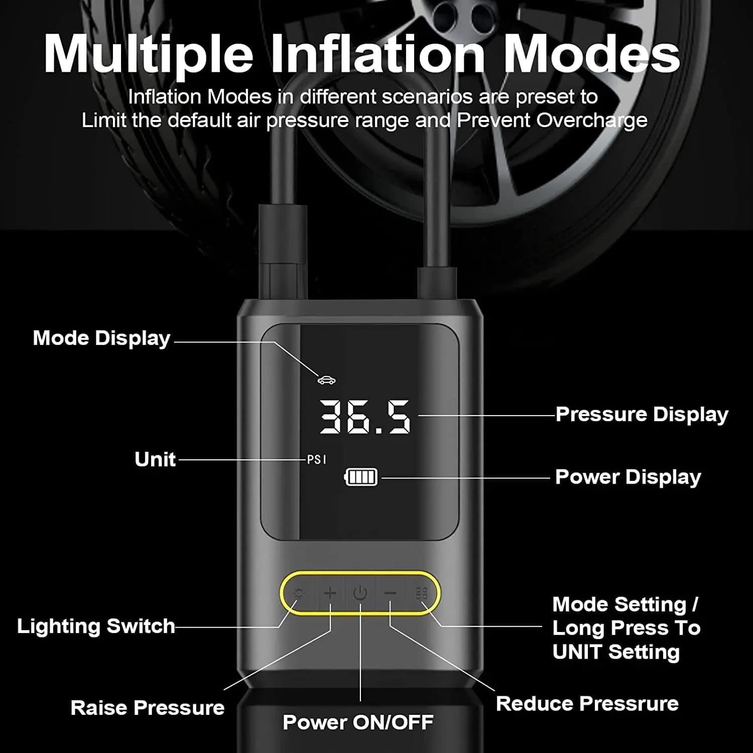 کمپرسور باد لاستیک شارژی خودرو 150PSI با باتری 4000mAh و چراغ LED — تصویر ۱۰