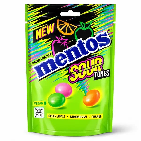 آبنبات جویدنی وگان ترش منتوس Sour Tones سه‌طعم وزن ۱۴۰ گرم