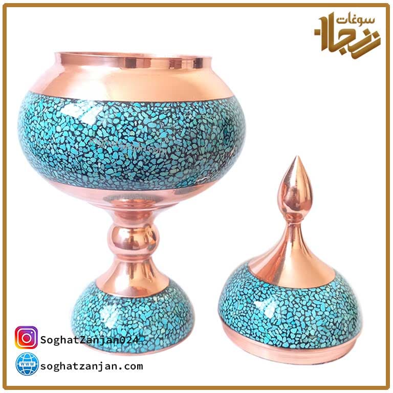 قندان مسی فیروزه کوب اصل زنجان — تصویر ۴