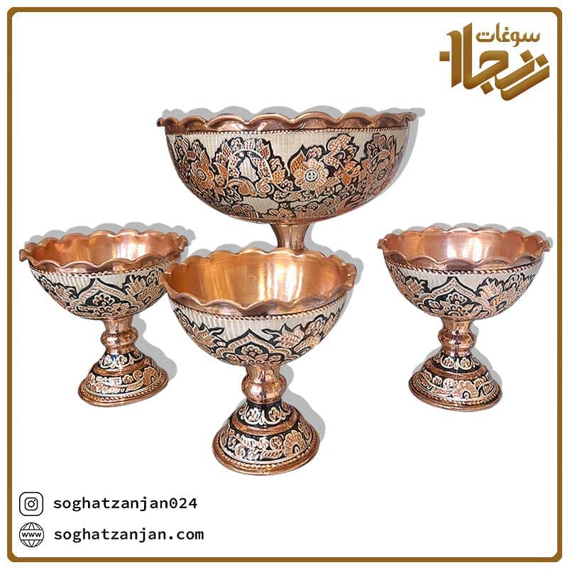 ست آجیل خوری مسی نقره کوب اصل زنجان — تصویر ۳
