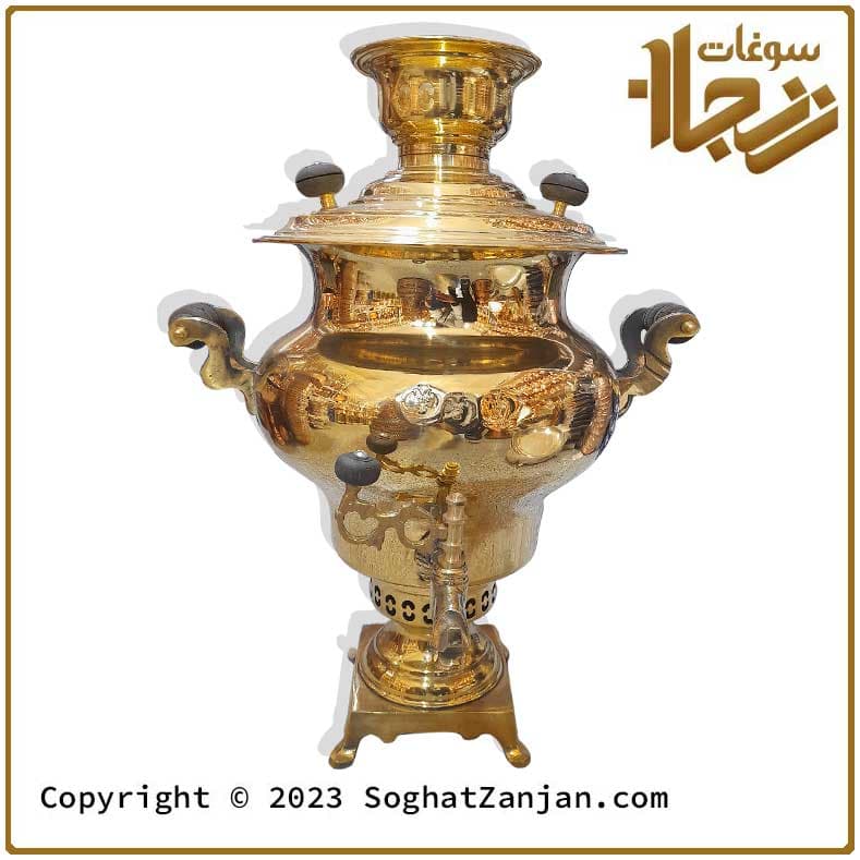 سماور ذغالی مسی روسی 8 لیتری طرح آیینه ای — تصویر ۴