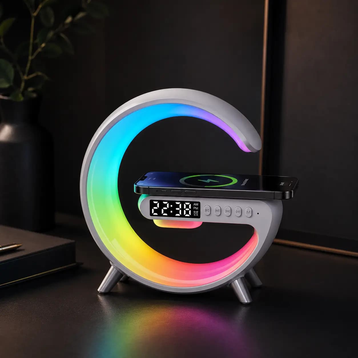 اسپیکر بلوتوثی G63 چراغ خواب RGB با شارژ وایرلس و ساعت رومیزی — تصویر ۱۰