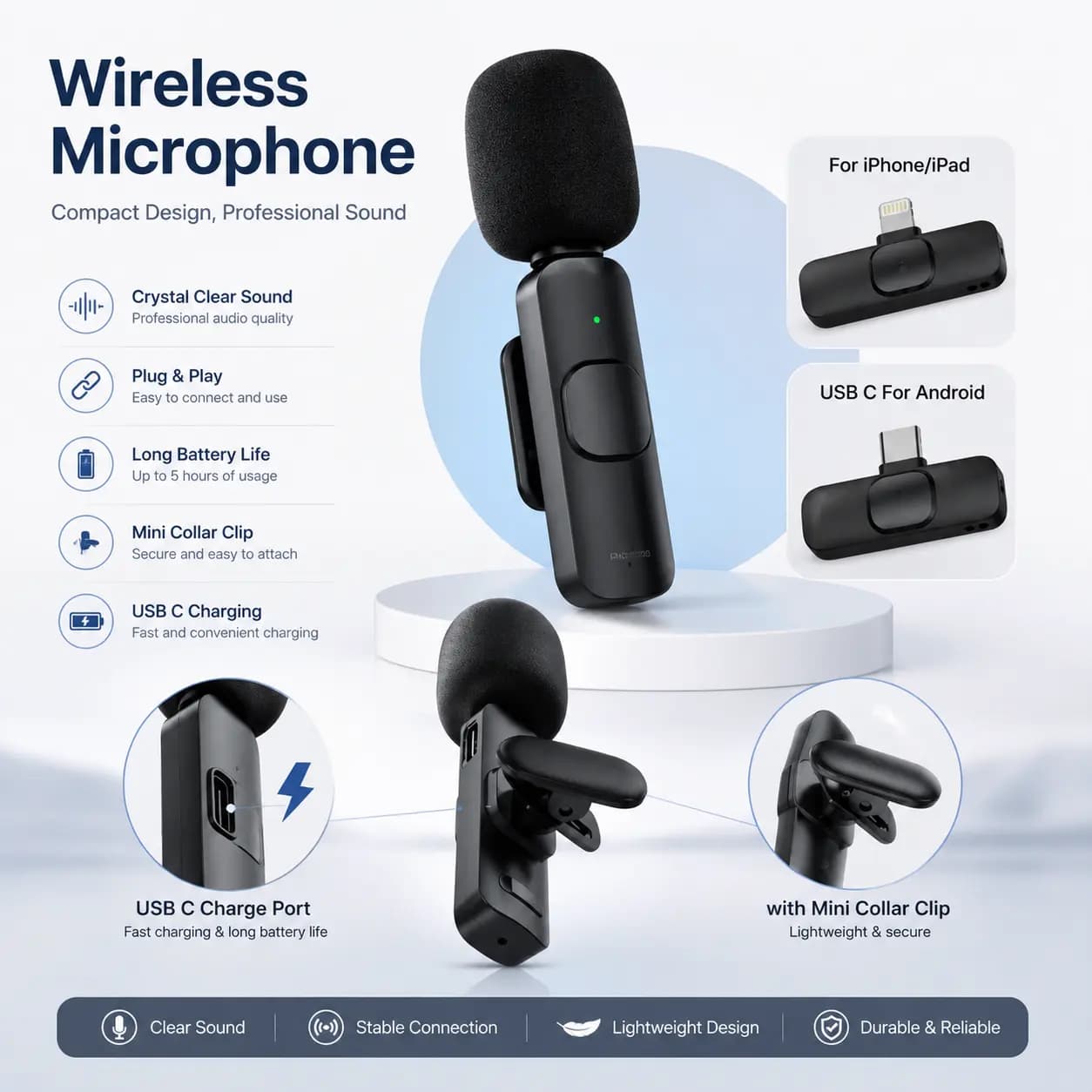 میکروفون یقهای بیسیم K9 Dual دوقلو Type-C و Lightning — تصویر ۵