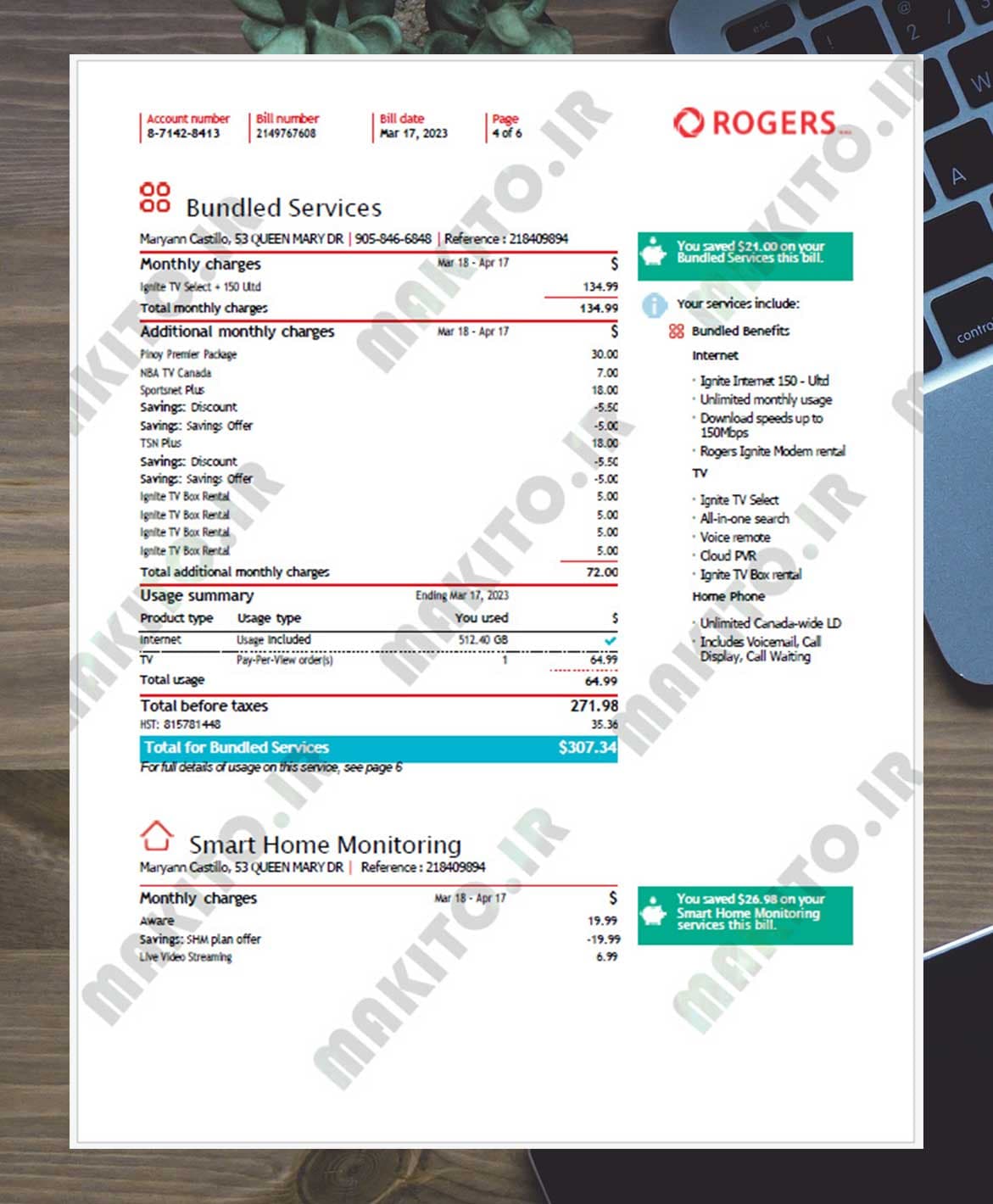 فایل قابل ویرایش قبض خدماتی کانادا شرکت Rogers — تصویر ۶