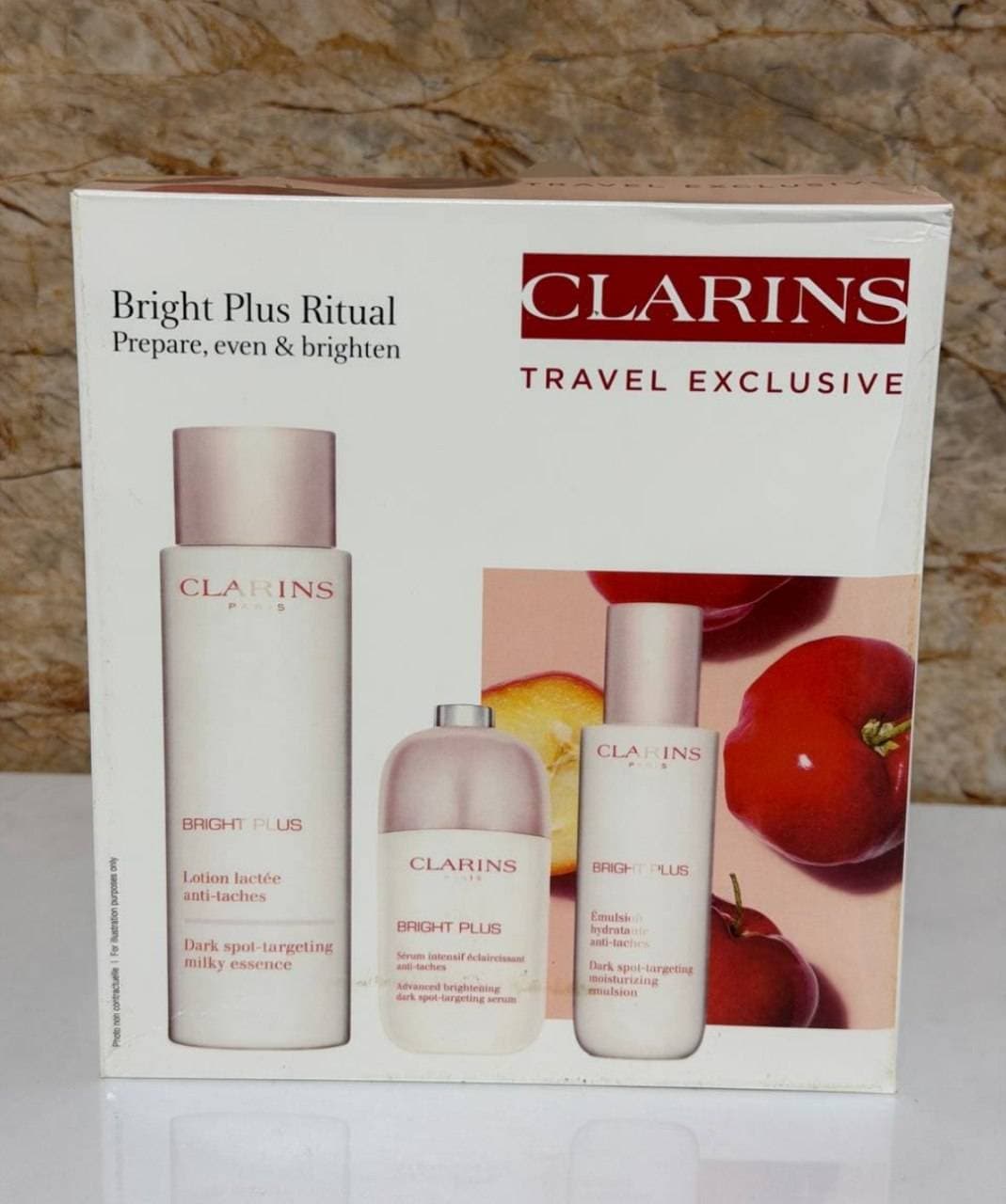 پک سه عددی لوسیون ضد لک آبرسان روشن کننده و جوان ساز برایت پلاس ریتول (پاریس) Clarins bright plus ritual set — تصویر ۴