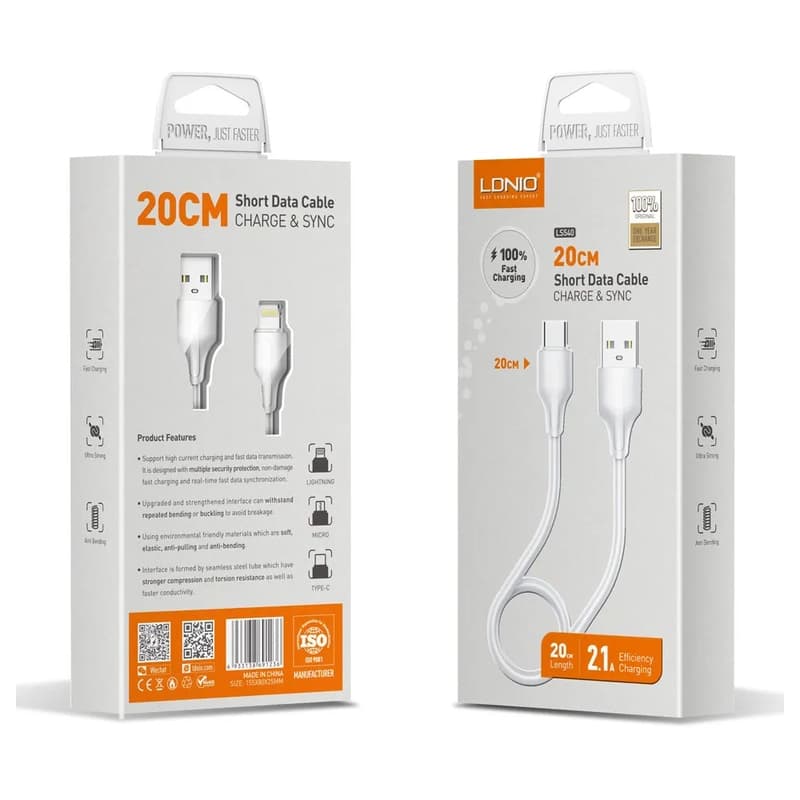 کابل شارژ Lightning الدینیو مدل LS540 طول 20 سانتی متر — تصویر ۲