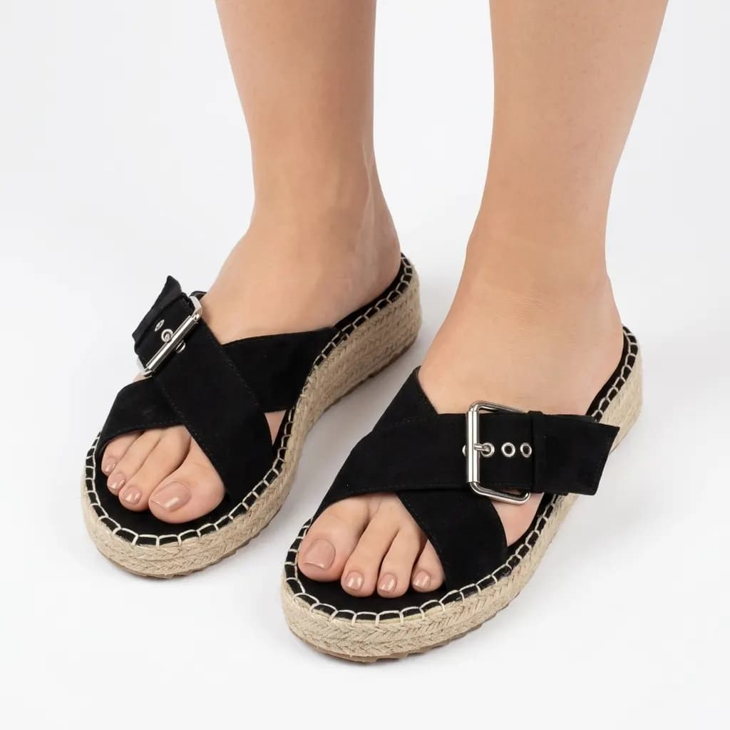 صندل لژدار اورجینال روزمره برند بوهو (boohoo) | زیره حصیری رنگ مشکی سایز 40 — تصویر ۶