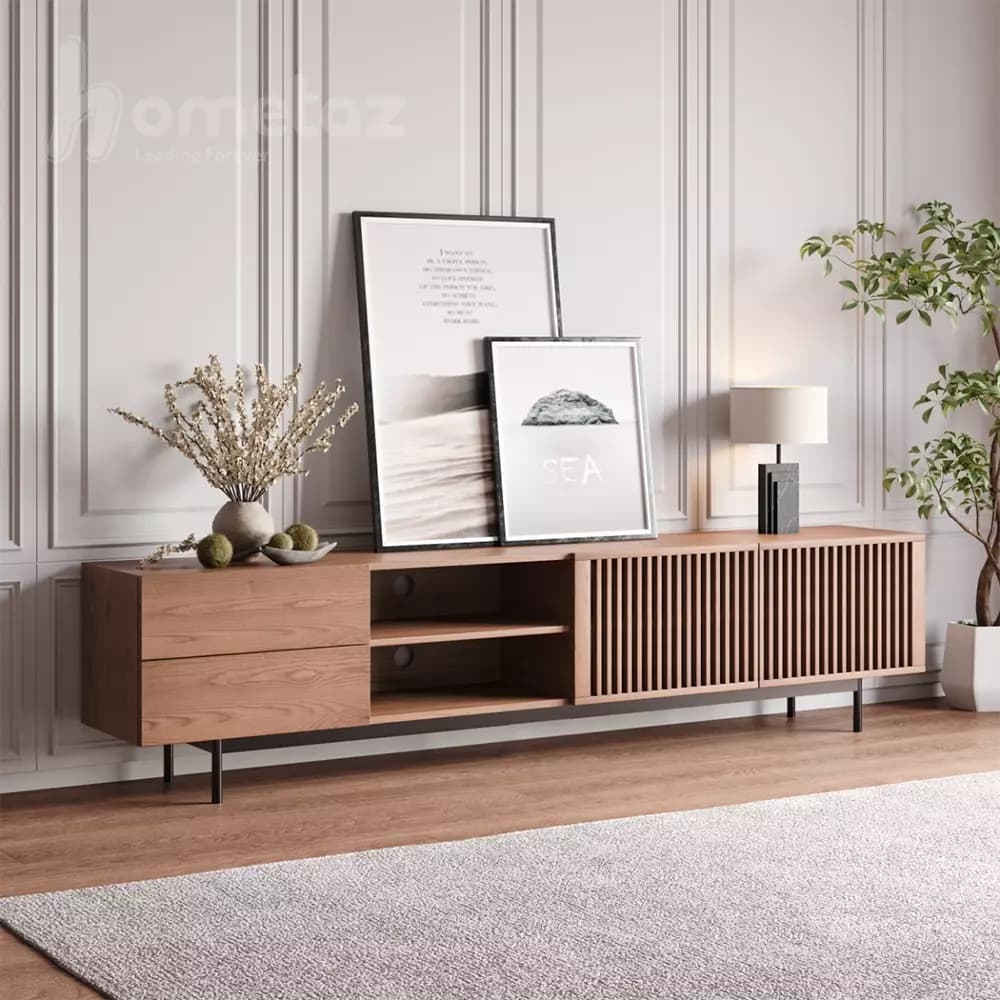 میز تلویزیون طرح چوب جدید و مدرن پایه فلزی مدل ht2001 — تصویر ۲