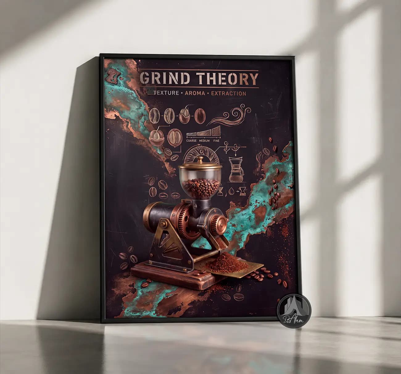 تابلو کافی شاپ طرح Grind Theory و آسیاب صنعتی کد DA-(1119) | دکور خاص کافه — تصویر ۳