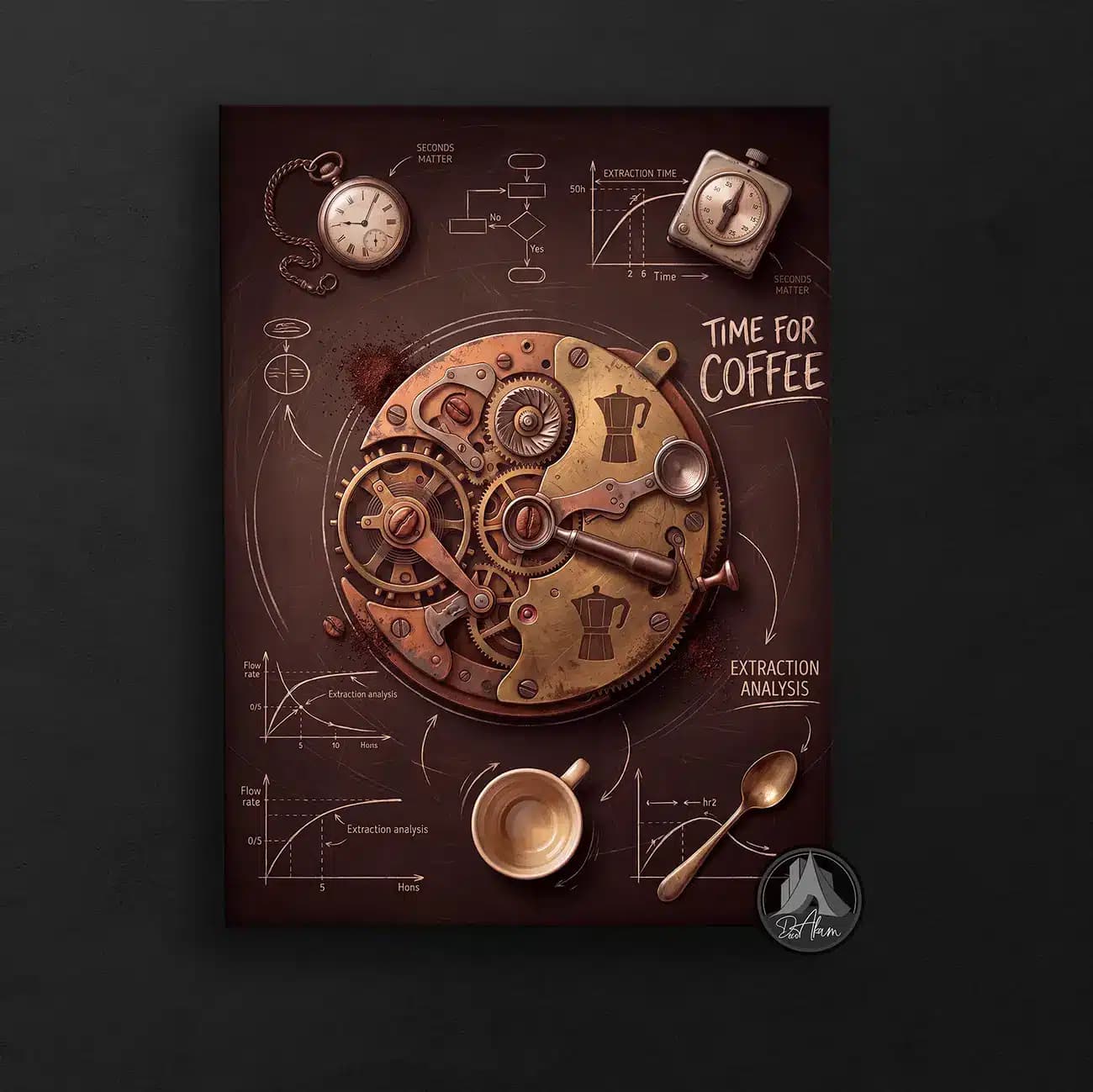 تابلو کافی شاپ طرح Time for Coffee و ساعت مکانیکی کد DA-(1108) | دکور صنعتی کافه — تصویر ۵