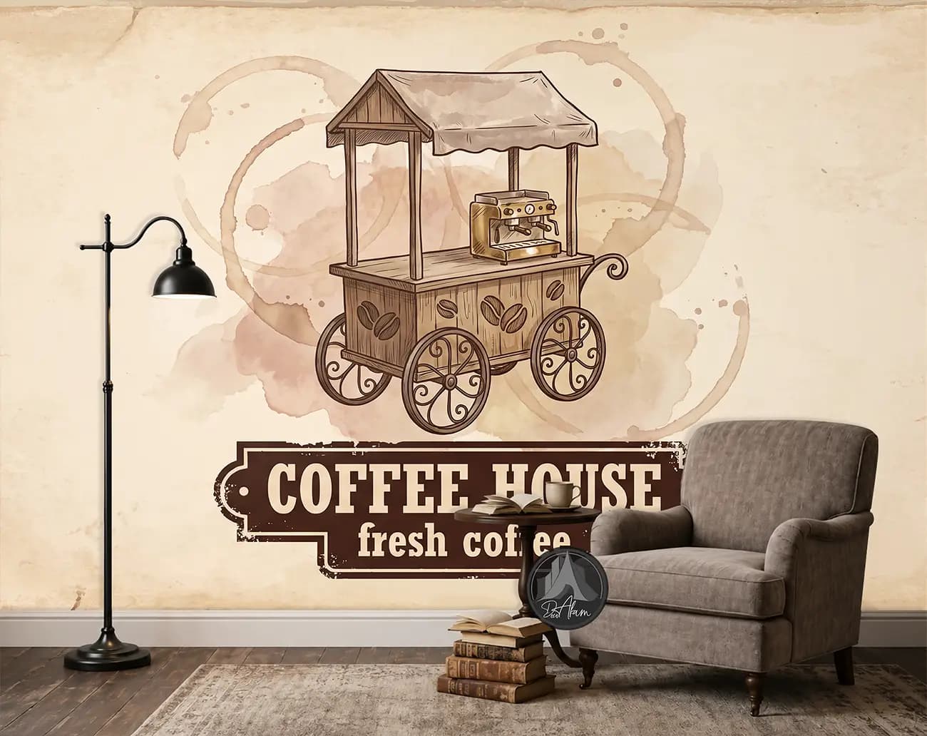 پوستر دیواری کافی شاپ طرح Coffee House و چرخ قهوه کد DA-(1113) | دکور وینتیج کافه — تصویر ۳
