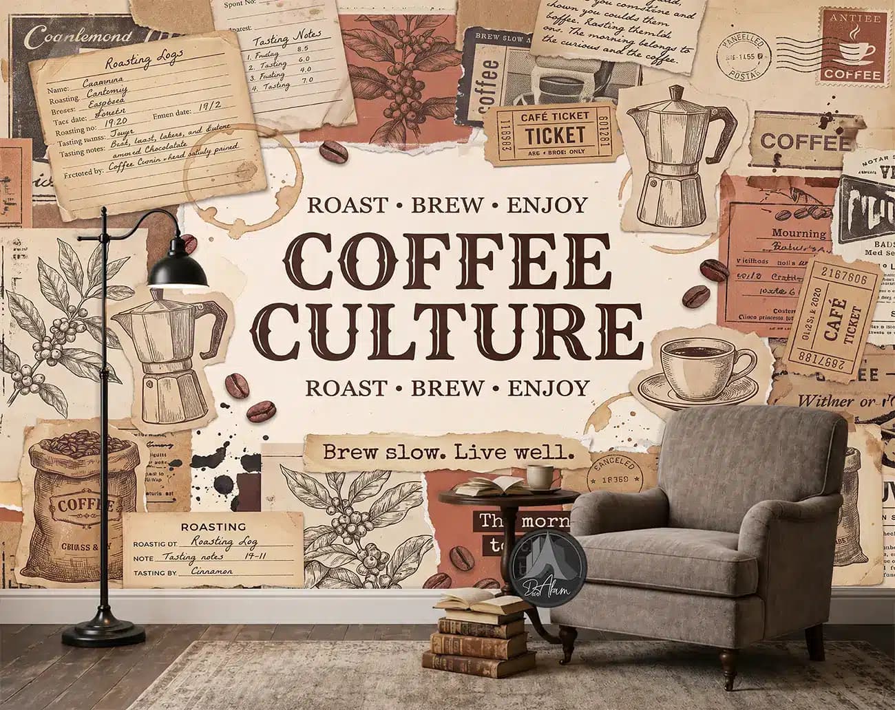 پوستر دیواری کافی شاپ طرح Coffee Culture و کلاژ وینتیج کد DA-(1110) | دکور کافه