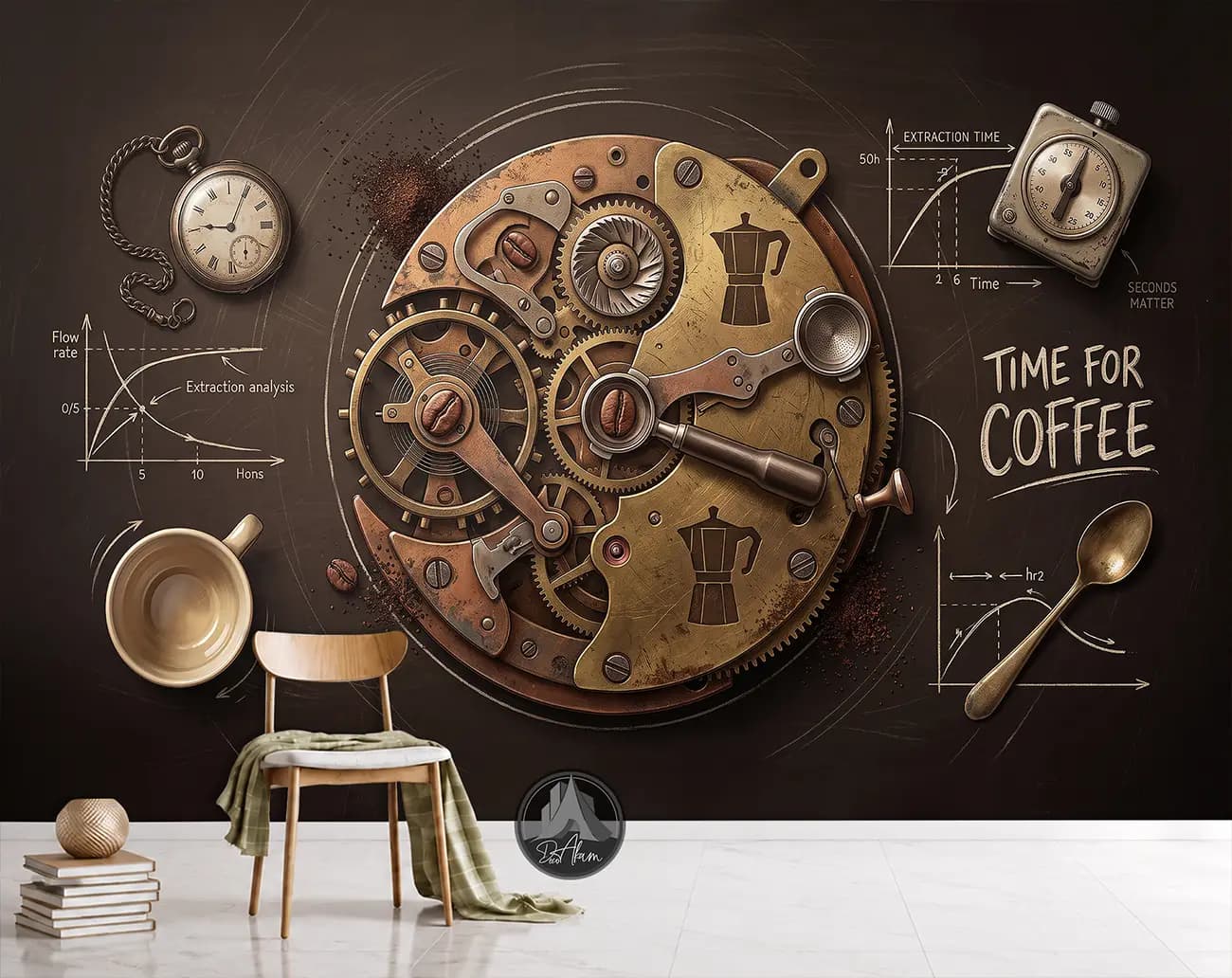 پوستر دیواری کافی شاپ طرح Time for Coffee و ساعت مکانیکی کد DA-(1108) | دکور صنعتی کافه — تصویر ۹
