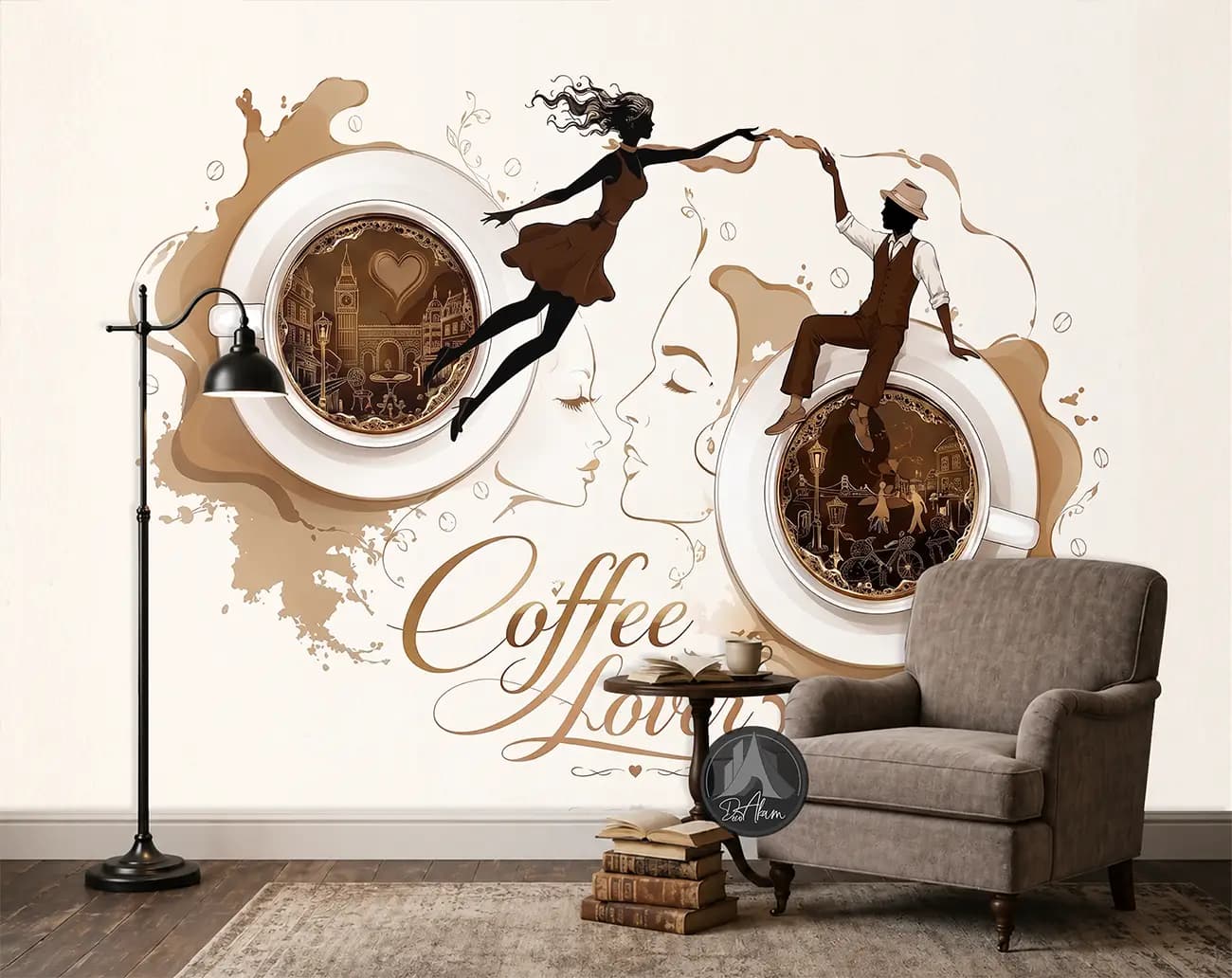 پوستر دیواری کافی شاپ طرح Coffee Lovers و دو فنجان قهوه کد DA-(1104) | دکور کافه