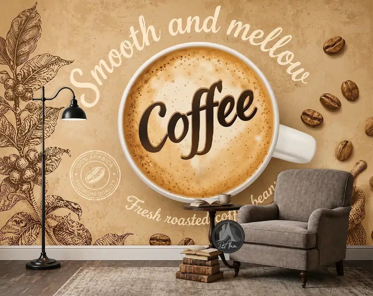 پوستر دیواری کافی شاپ طرح فنجان Coffee و دانه قهوه کد DA-(1103) | دکور کلاسیک کافه — تصویر ۲