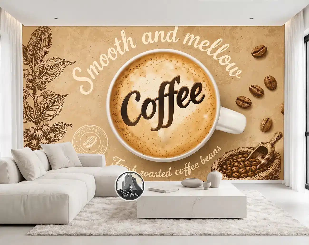 پوستر دیواری کافی شاپ طرح فنجان Coffee و دانه قهوه کد DA-(1103) | دکور کلاسیک کافه — تصویر ۳