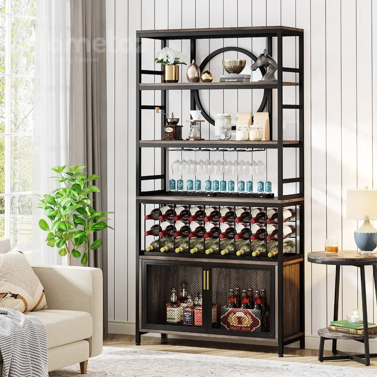 شلف کافی بار فلزی با صفحه mdf طرح چوب مدل ht2262