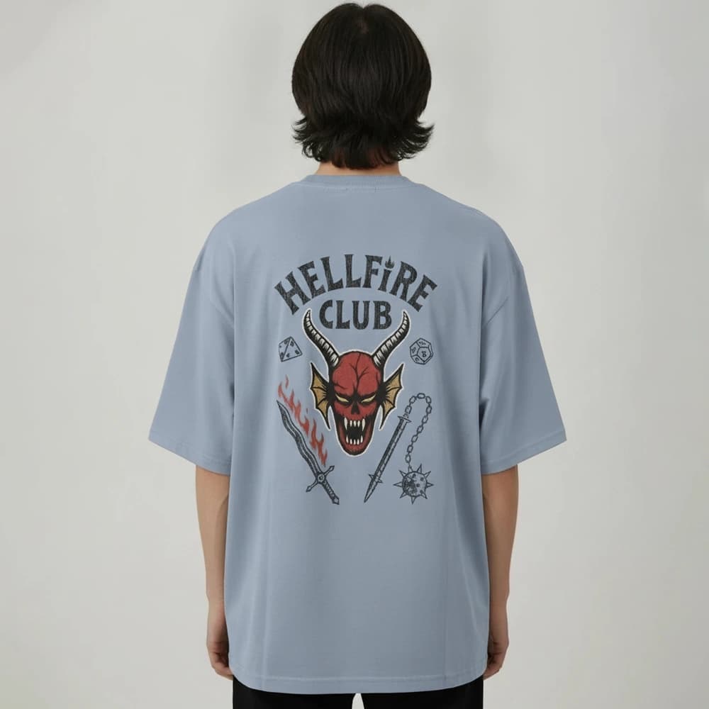 تیشرت پسرانه باکسی طرح Hell fire club سایز فری (پنبه ضمانتی) در 7 رنگ — تصویر ۱۱