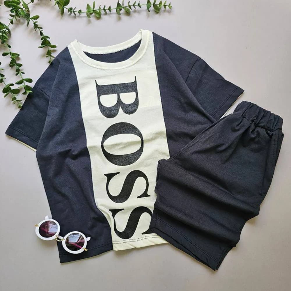 ست تیشرت شلوارک پسرانه مدل BOSS طوسی تیره سایز 55 — تصویر ۱۰