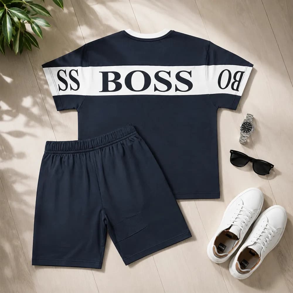 ست تیشرت شلوارک پسرانه مدل BOSS طوسی تیره سایز 55 — تصویر ۵