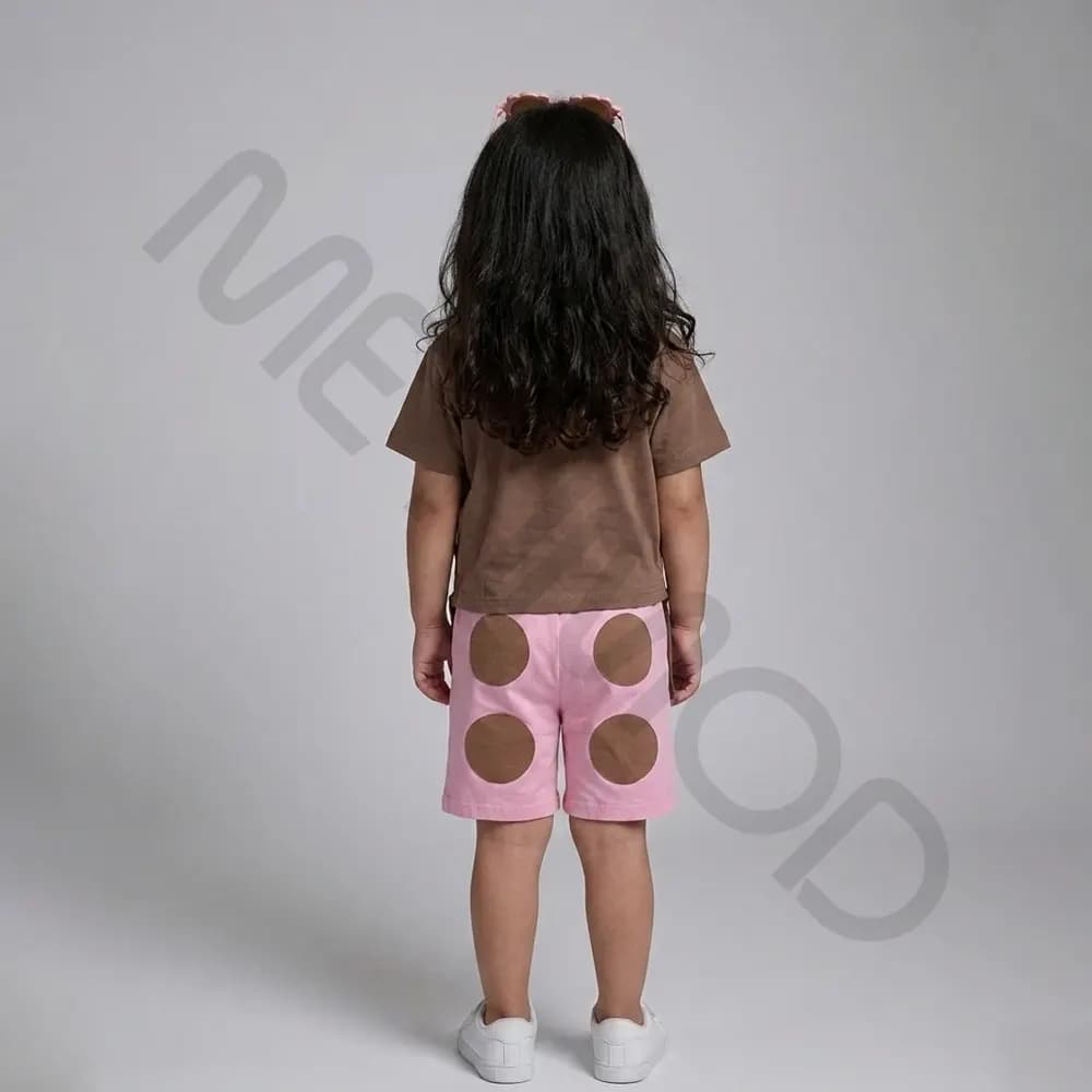 ست تیشرت شلوارک دخترانه مدل گربه قهوه ای صورتی سایز 45,50,55 — تصویر ۱۰