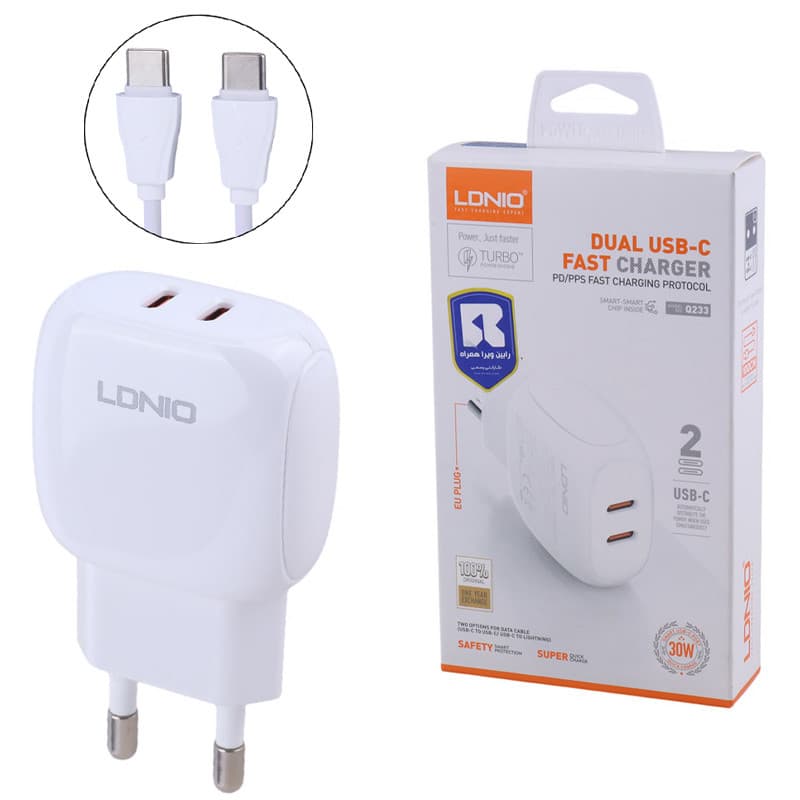 شارژر دیواری 30 وات الدینیو Q233 PD 3A + کابل تبدیل تایپ سی — تصویر ۲