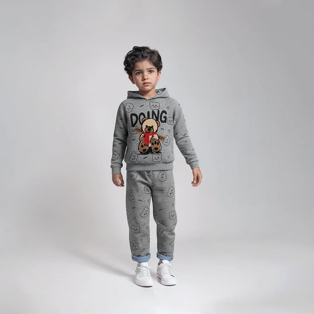 ست هودی و شلوار بچگانه اسپرت مدل خرسی رنگ طوسی تیره(سایز45)