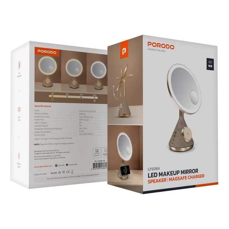 آینه و اسپیکر چندکاره پرودو مدل Porodo LED Makeup Mirror LFST084 — تصویر ۷