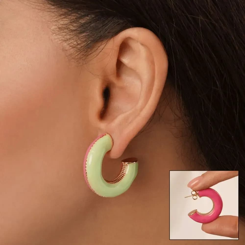 گوشواره سبز ماچا و صورتی ژوپینگ طلایی مینا کاری