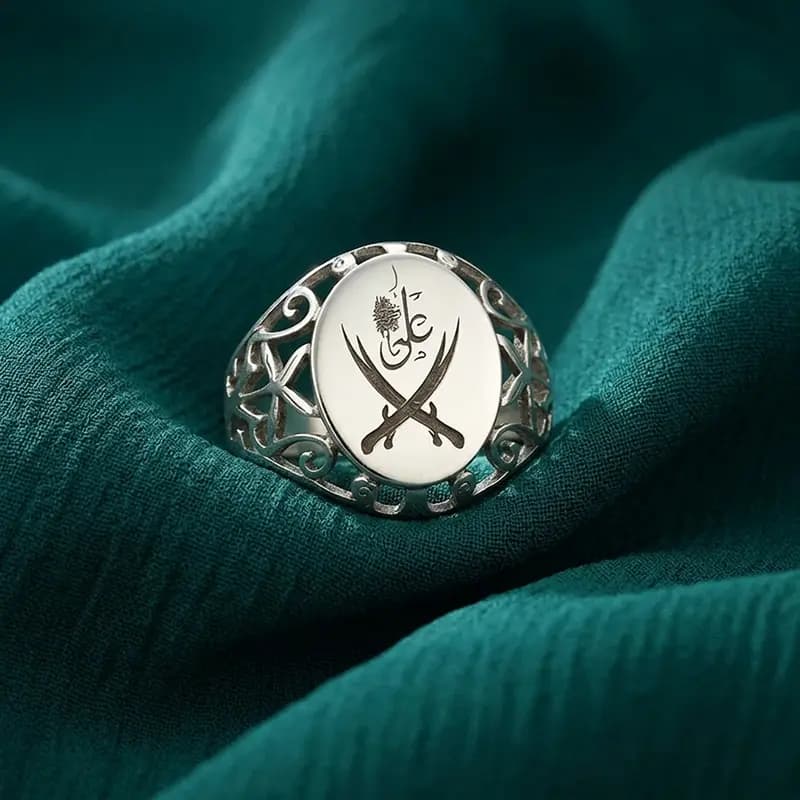 انگشتر نقره 925 حضرت علی (ع) و ذوالفقار با حکاکی سفارشی — تصویر ۷