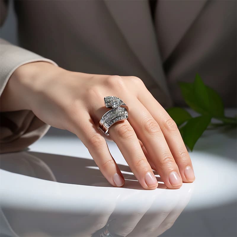 انگشتر نقره 925 زنانه با نگین‌ برلیان باگت حلقه ازدواج — تصویر ۲