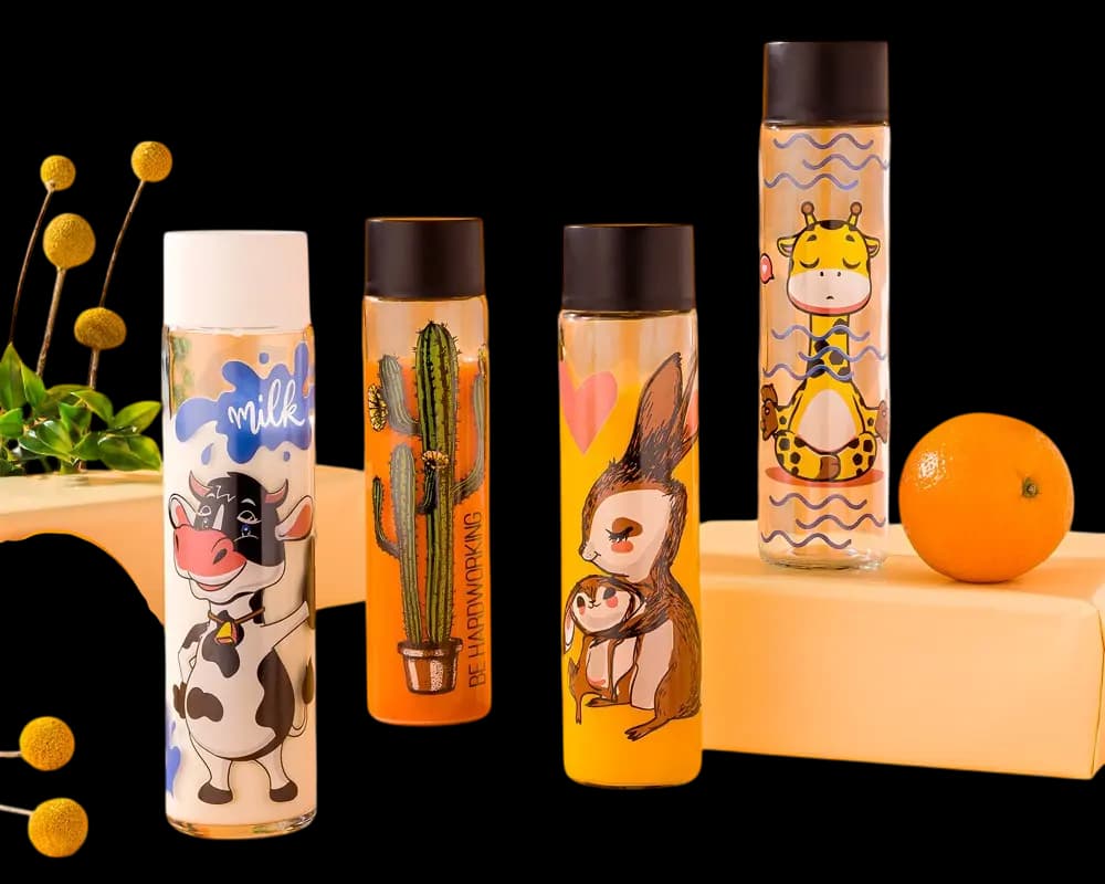 بطری آب شیشه ای استوانه ای کوچک چاپدار لیمون کد 1726