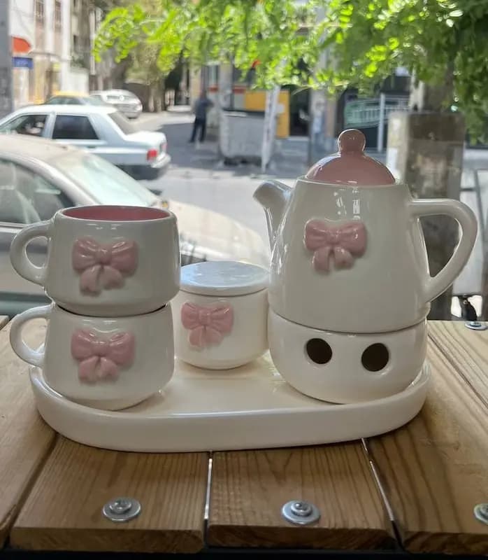 ست چای خوری سرامیکی 2 نفره مدل پاپیونی با قوری و وارمر — تصویر ۷
