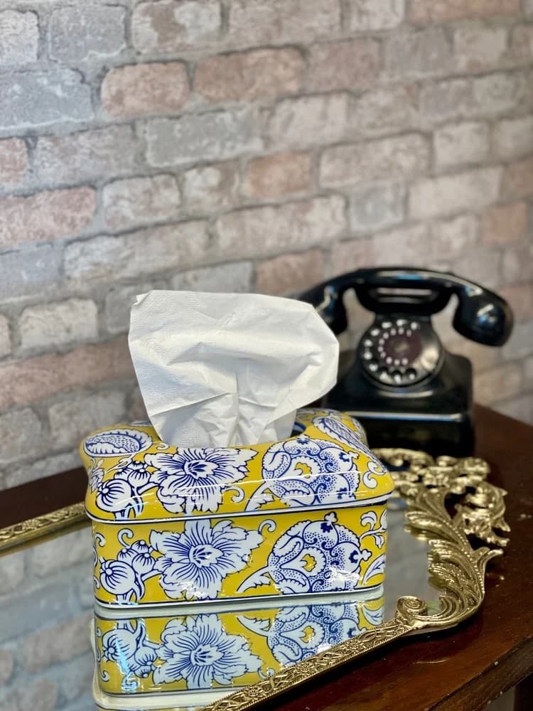 جعبه کلینکس چینی زرد و آبی نقاشی دست (مستطیل دو تیکه)
