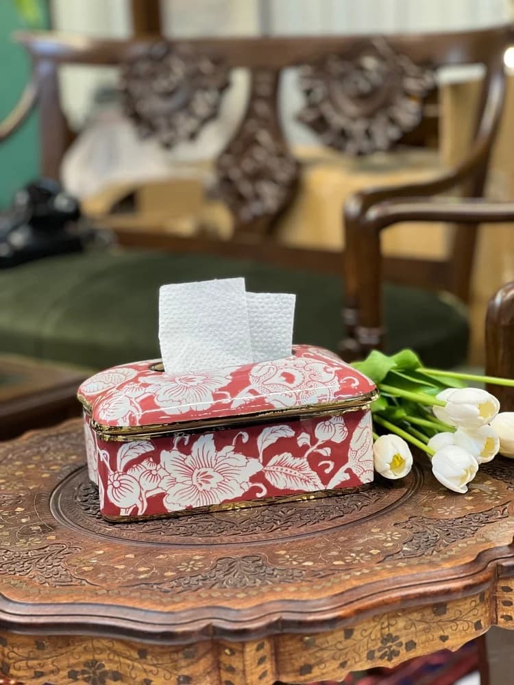 جعبه کلینکس چینی عنابی نقاشی دست (مستطیل)