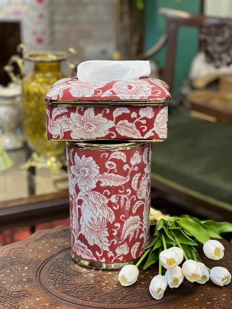 جعبه کلینکس چینی عنابی نقاشی دست (مستطیل) — تصویر ۲