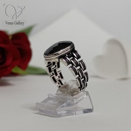 انگشتر نقره مردانه سنگ اونیکس مشکی چند وجهی بیضی ترکیه ای کد 5466