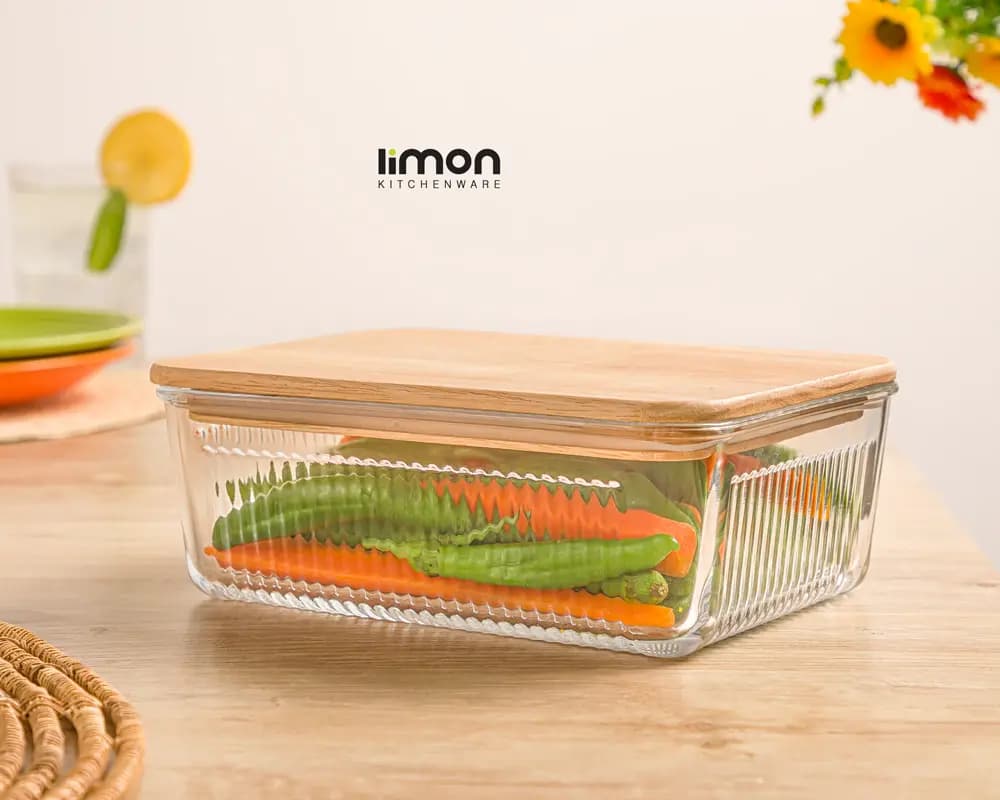 ظرف شیشه ای 1.1 لیتری شیاردار لیمون با درب چوبی — تصویر ۱۲