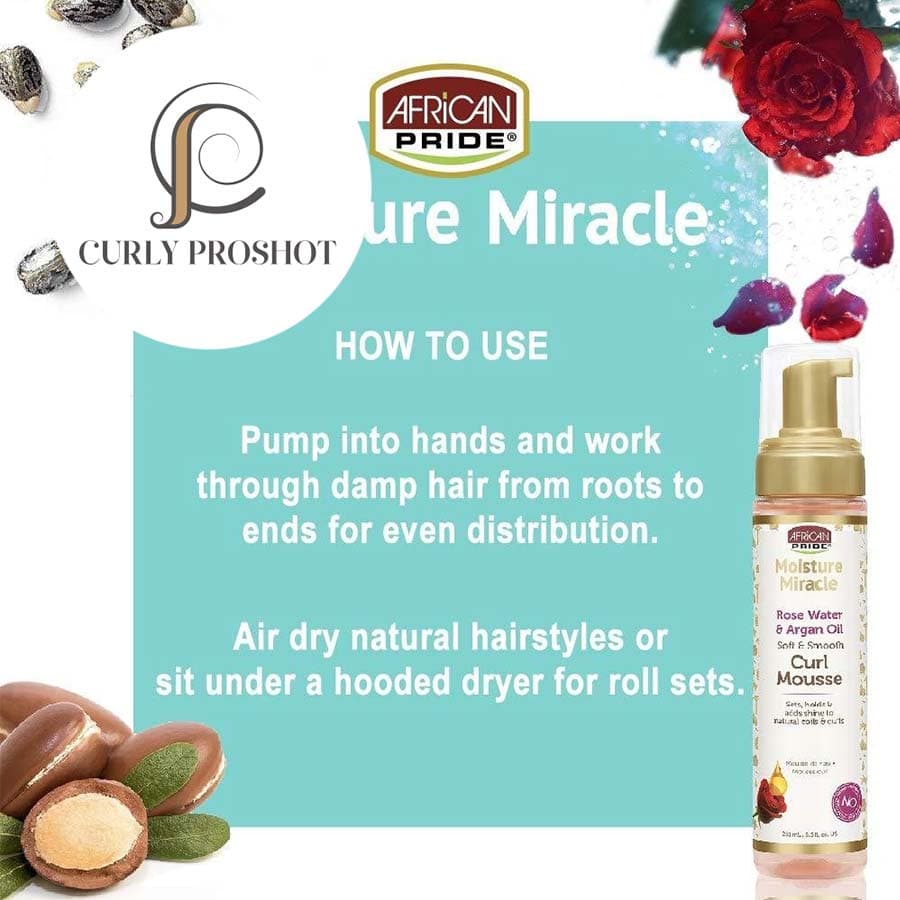 موس مو رز واتر و روغن آرگان آفریکن پراید African Pride Moisture Miracle Rose Water & Argan Oil Curl Mousse — تصویر ۸