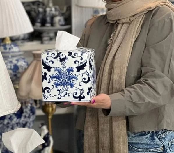 جا دستمال کاغذی مکعبی چینی نقش داماس و لوتوس — تصویر ۶