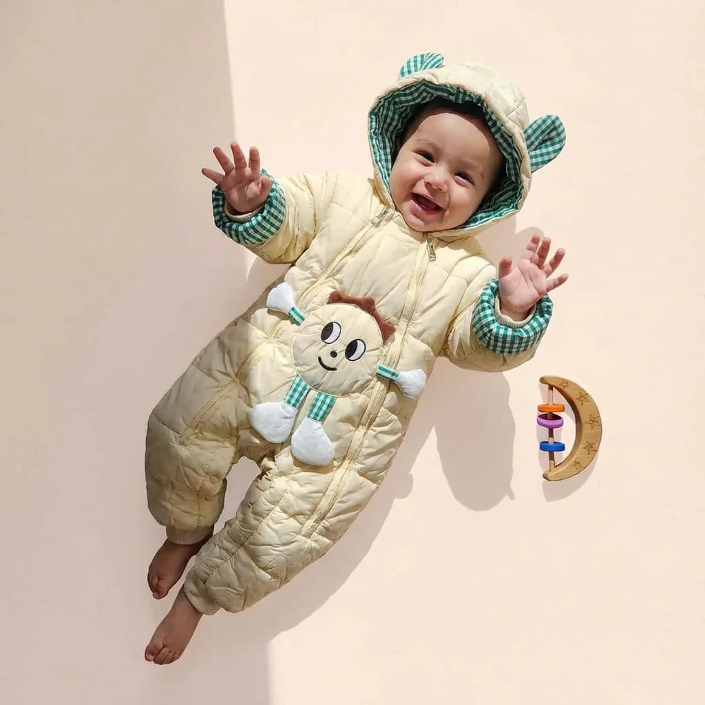کاپشن سرهمی نوزادی وارداتی مدل عروسکی رنگ کرم — تصویر ۲