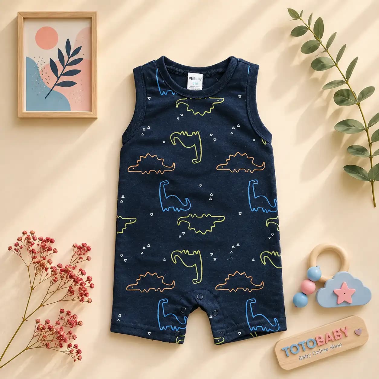 رامپر نوزادی رکابی وارداتی طرح دایناسور رنگ مشکی برند PL Baby — تصویر ۲