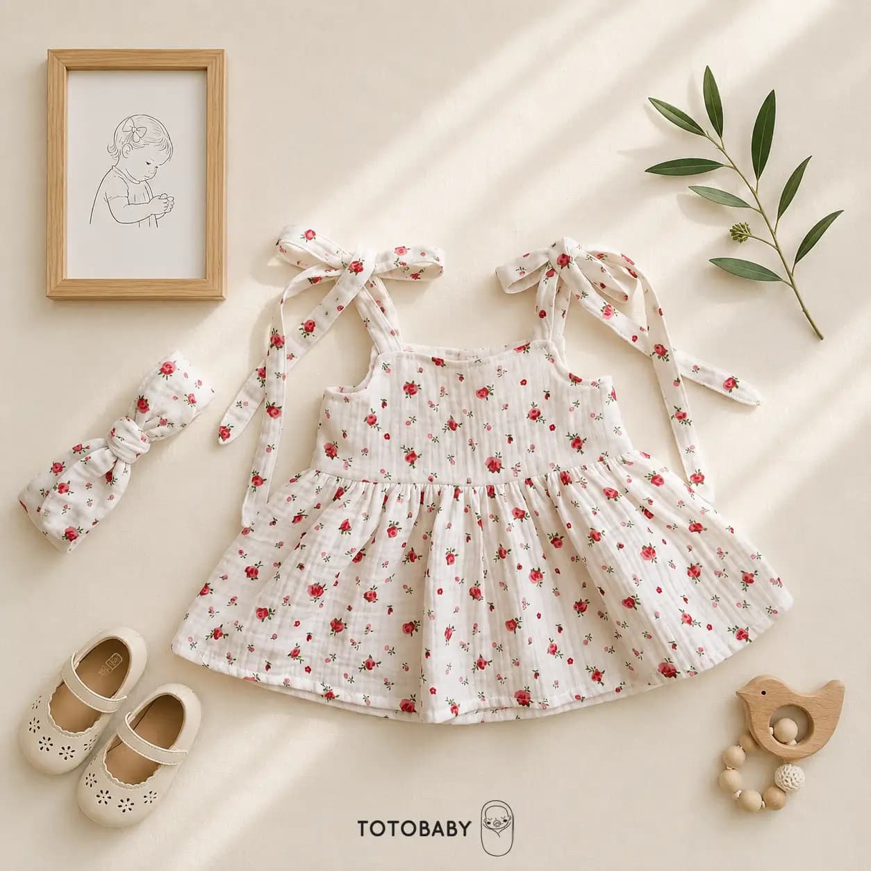 ست پیراهن و هدبند دخترانه پریمیوم نوزادی طرح گل سرخ رنگ سفید برند totobaby — تصویر ۴