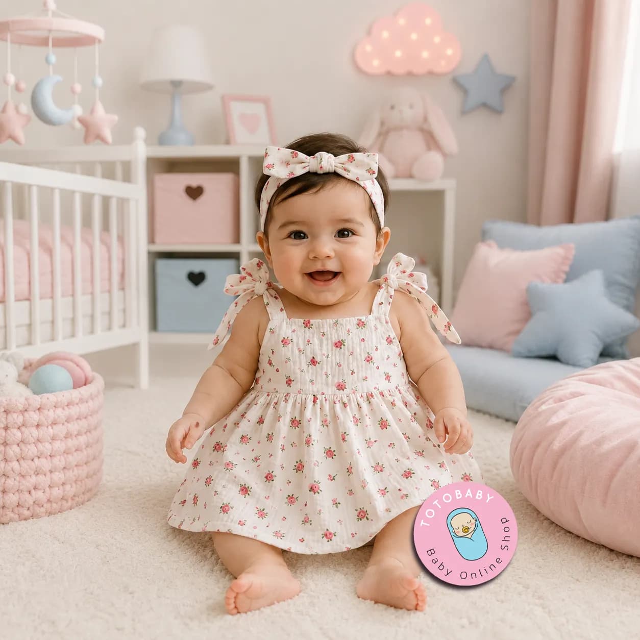 ست پیراهن و هدبند دخترانه پریمیوم نوزادی طرح گل سرخ رنگ سفید برند totobaby — تصویر ۲