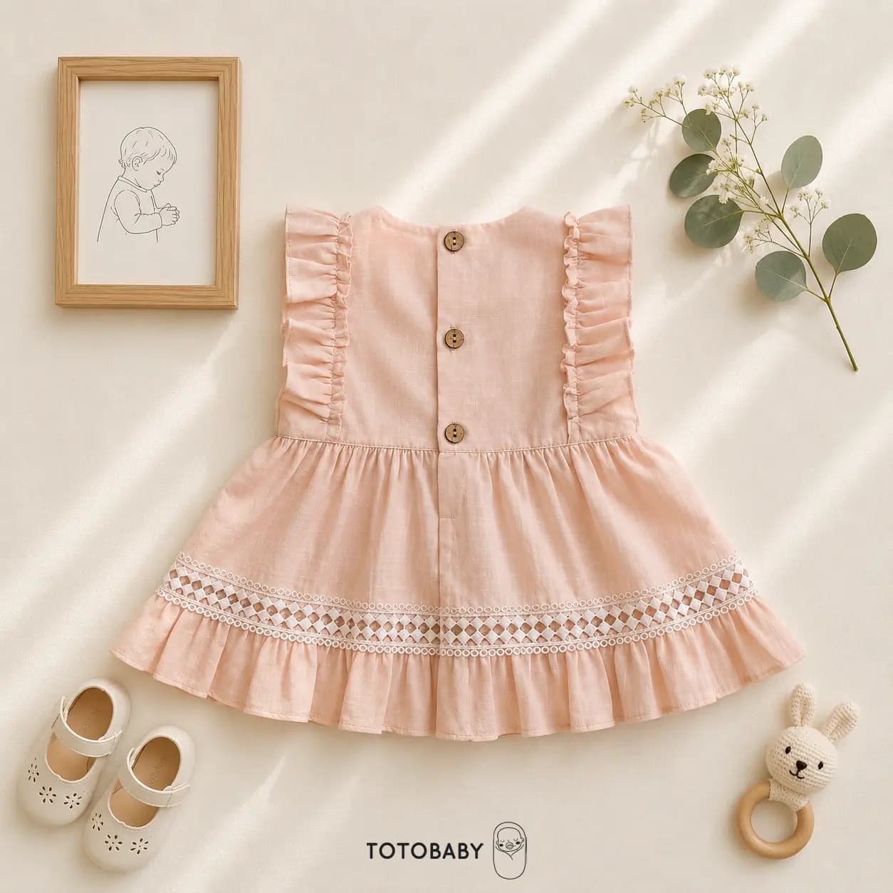 پیراهن نوزادی دخترانه پریمیوم گیپور‌دوزی رنگ گلبهی برند totobaby — تصویر ۶