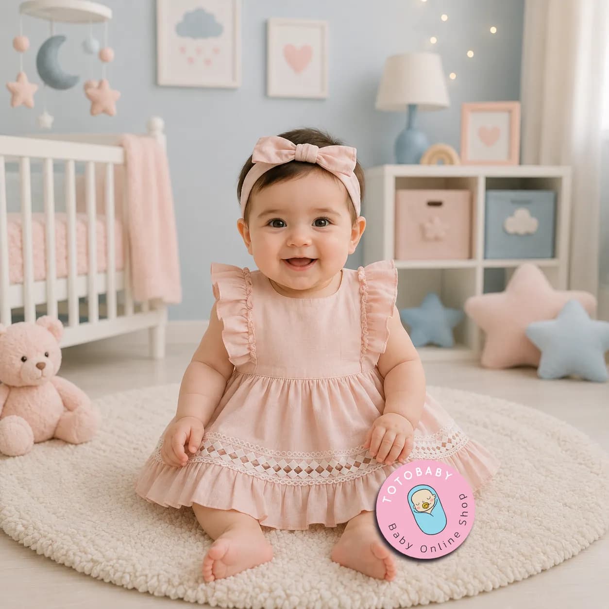 پیراهن نوزادی دخترانه پریمیوم گیپور‌دوزی رنگ گلبهی برند totobaby — تصویر ۲