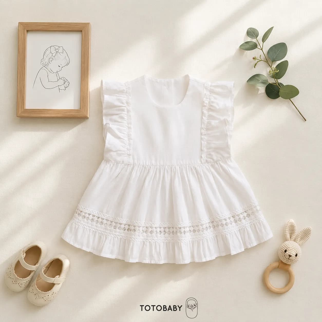 پیراهن نوزادی دخترانه پریمیوم گیپوردوزی رنگ سفید برند totobaby — تصویر ۴