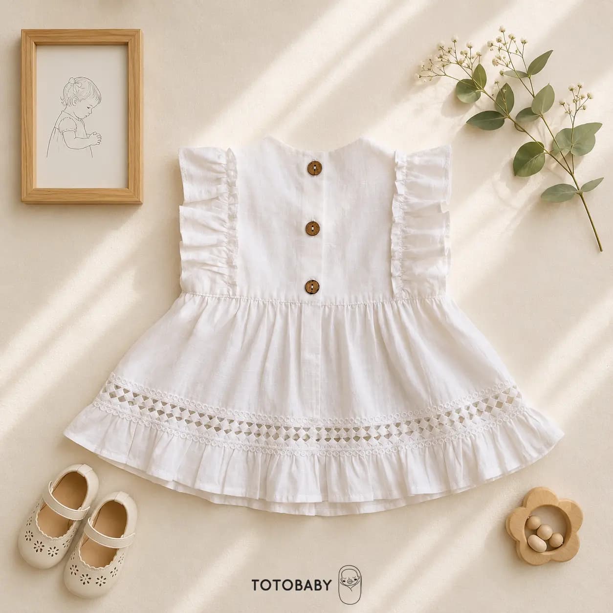 پیراهن نوزادی دخترانه پریمیوم گیپوردوزی رنگ سفید برند totobaby — تصویر ۳