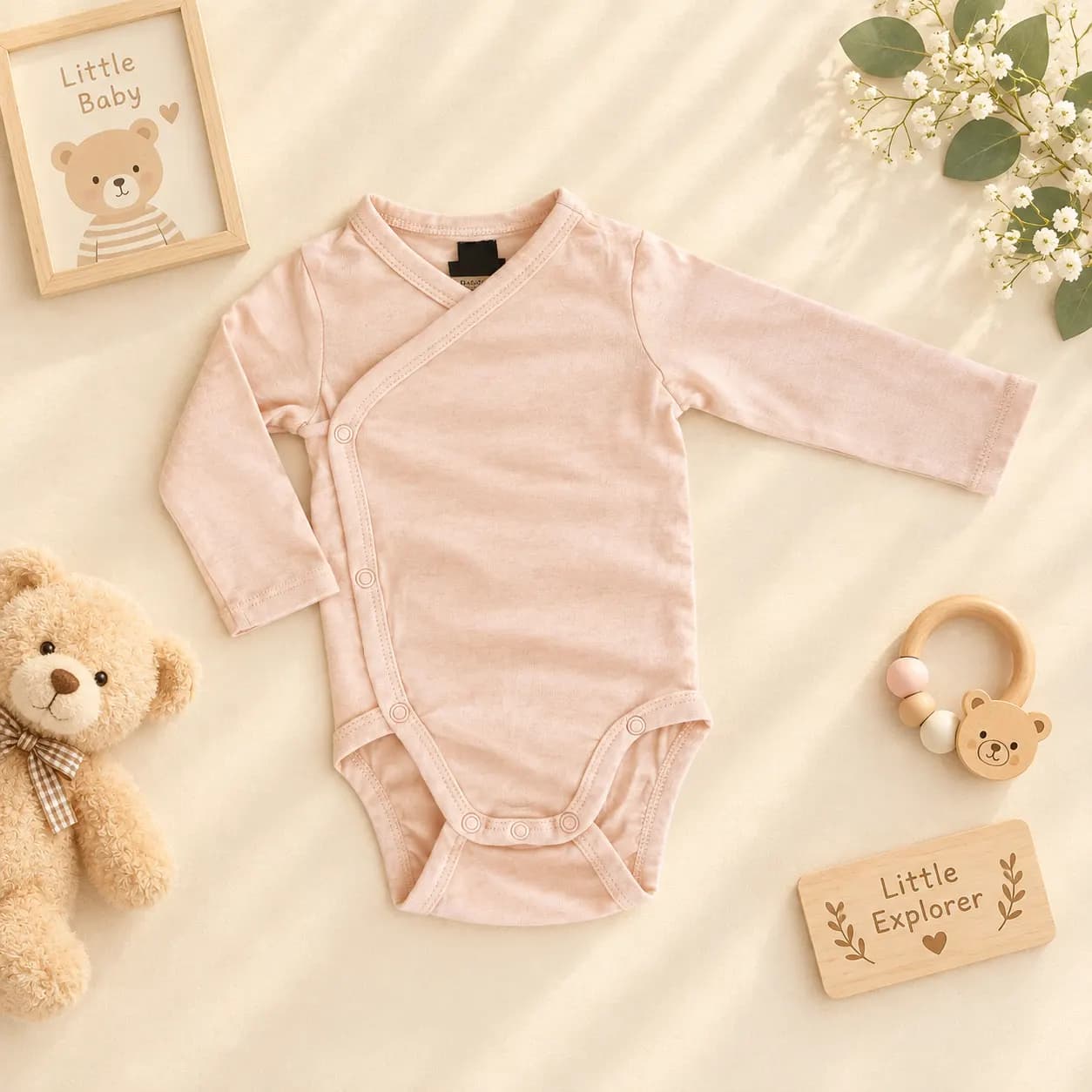 بادی آستین بلند نوزادی وارداتی یقه هفت ساده رنگ صورتی روشن برند H&M
