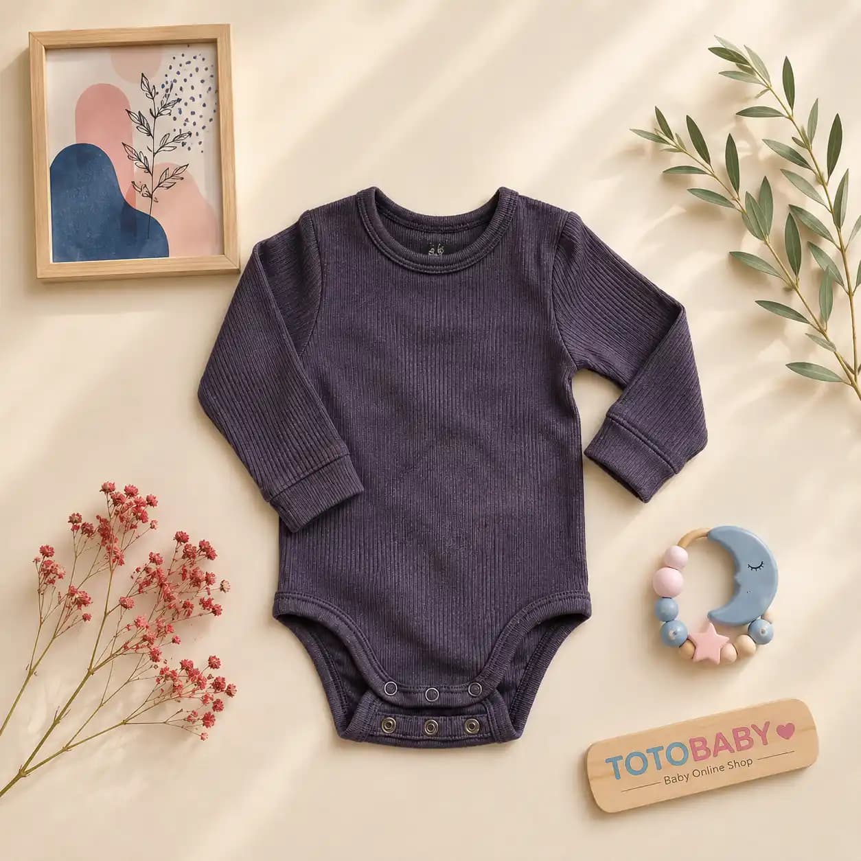 بادی نوزادی آستین بلند وارداتی کبریتی ساده رنگ ذغالی برند H&amp;M — تصویر ۲